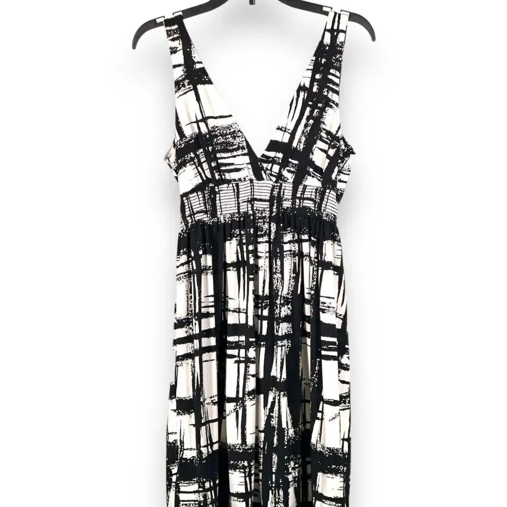 Black White Abstract Print Flattering Empire Waist V Neck Dress Small Forever 21